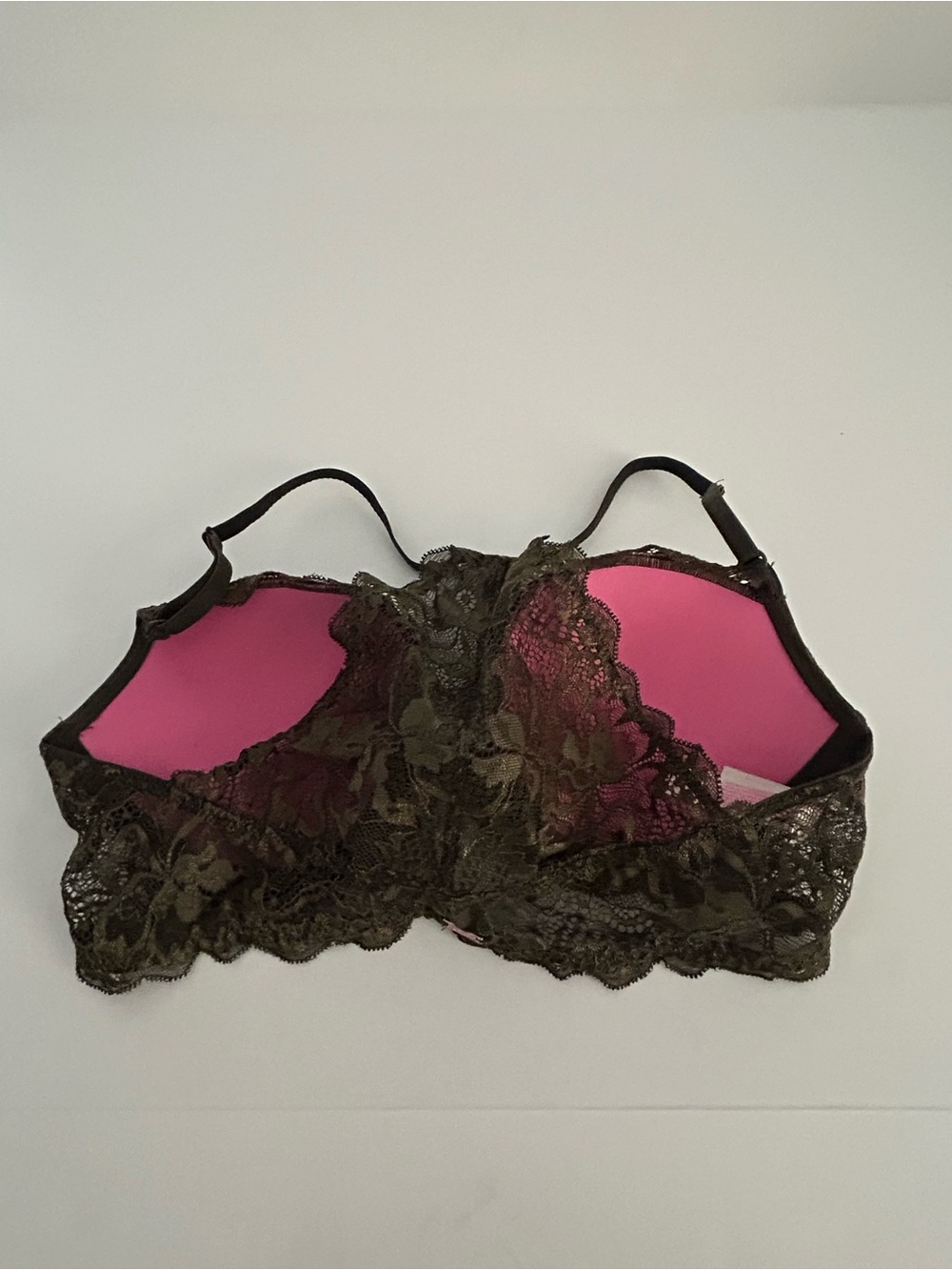 Victoria's Secret PINK Lace Trim Racerback Bra in Olive with Pink Lining - Picture 3 of 4